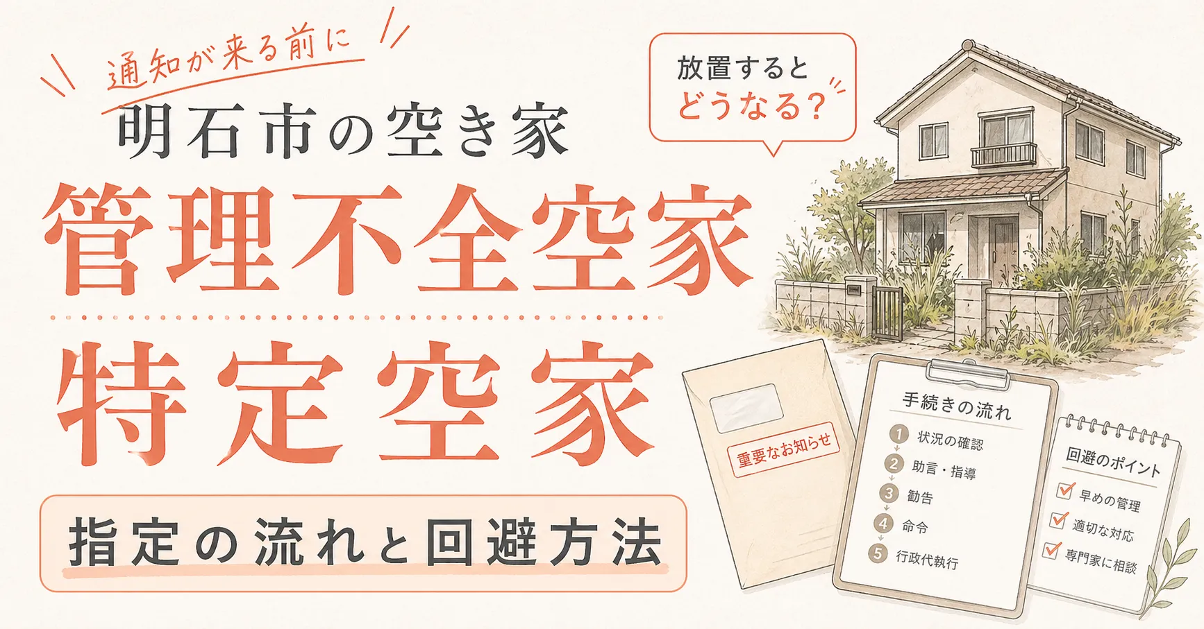 明石市の空き家、放置すると「管理不全空家」「特定空家」に指定される？流れと回避方法